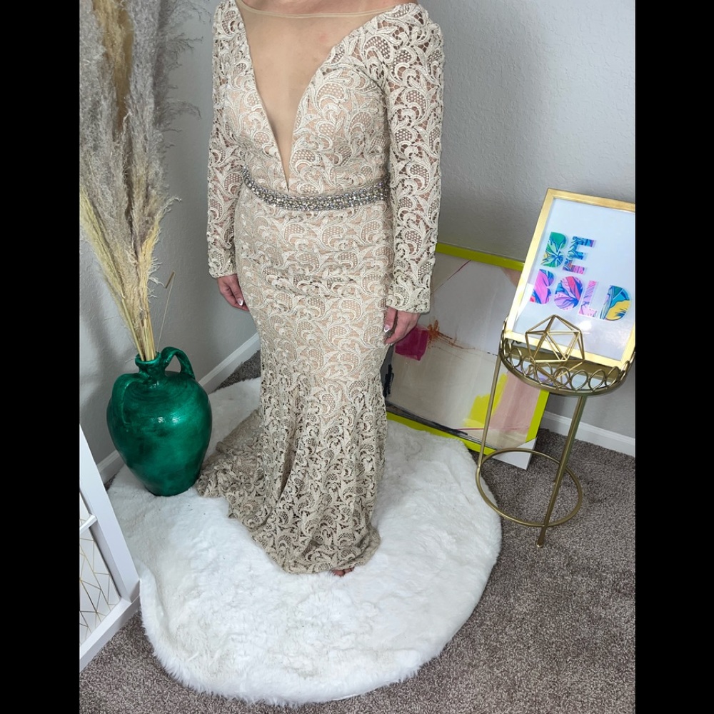 Lace Sheer embellished belt longsleeve formal evening gown